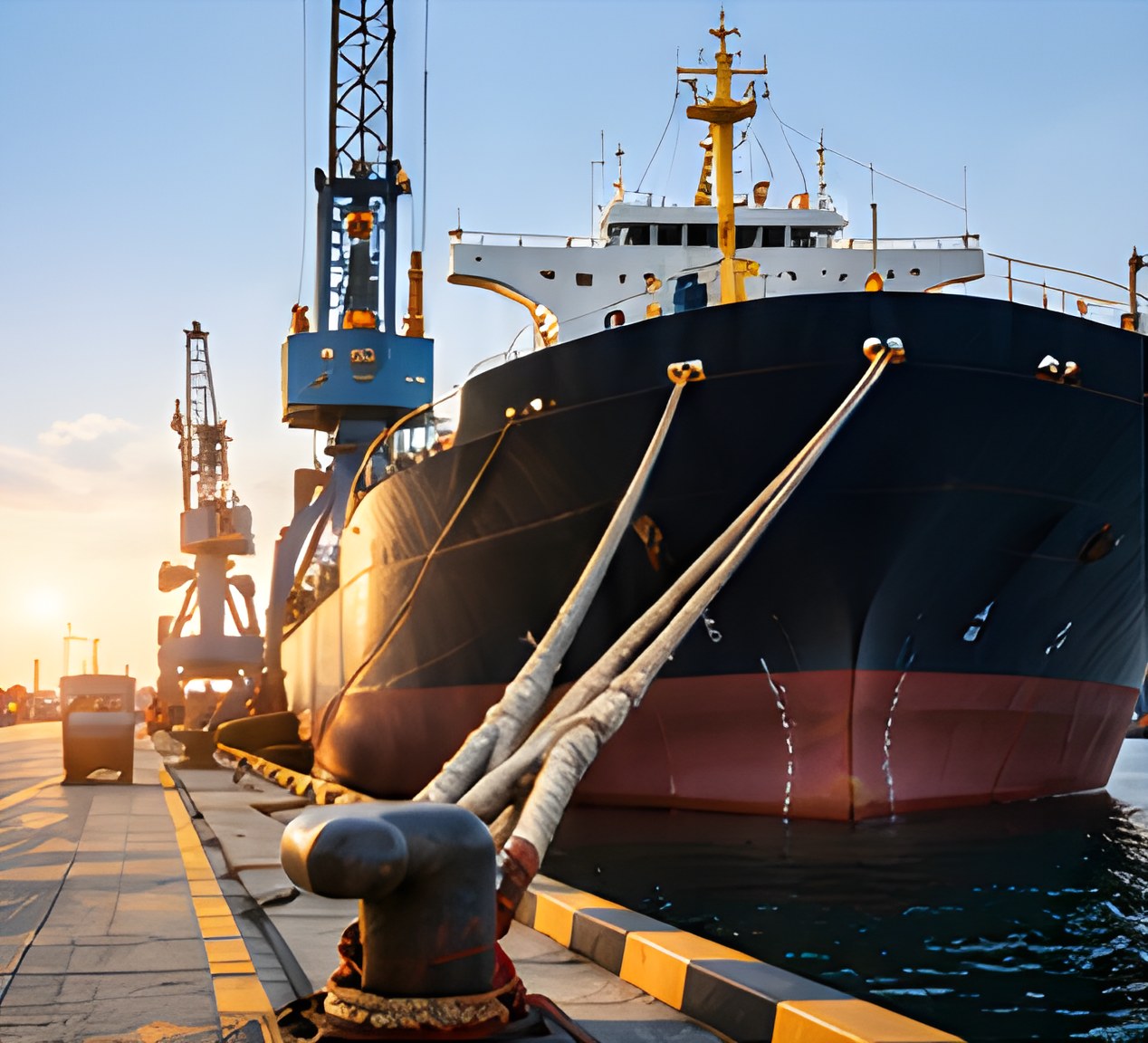 Vessel moored with mooring lines at the quay