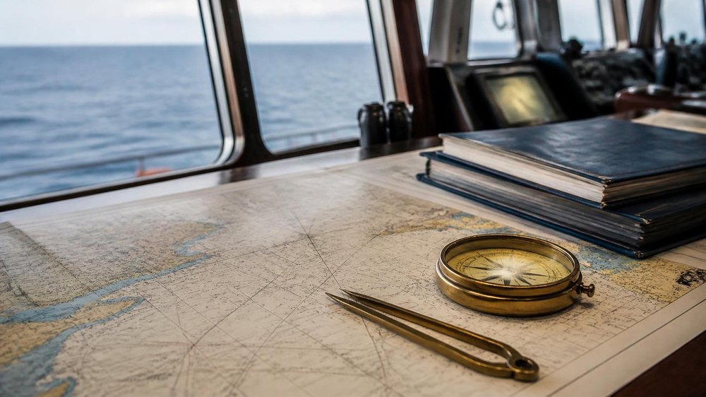 Nautical chart, dividers and compass on a ship bridge chart table