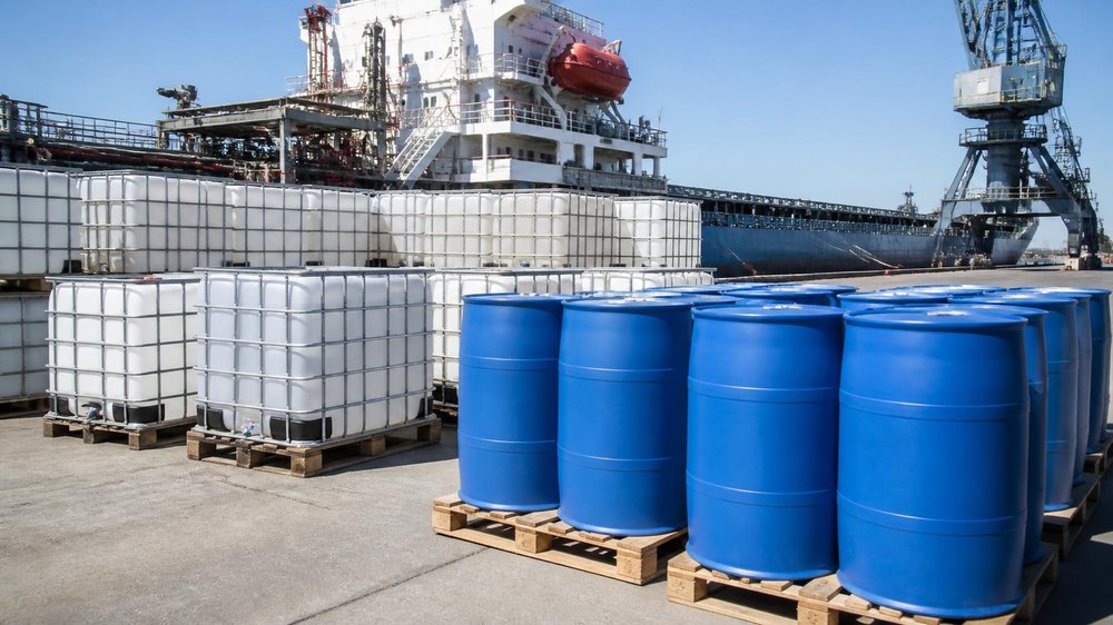 Blue chemical drums and IBC tanks on pallets at the port