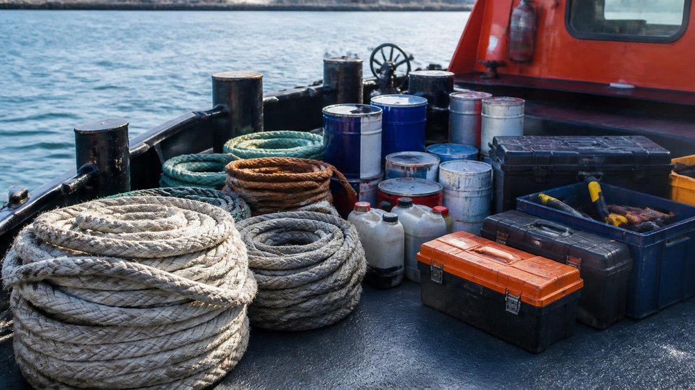 Mooring ropes, drums and toolboxes on a vessel deck