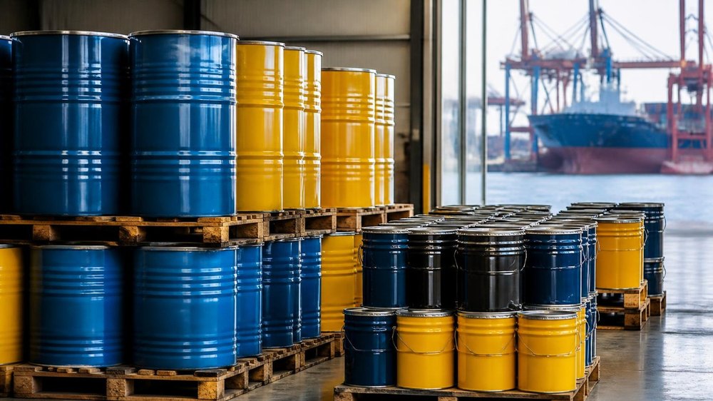 Blue and yellow lubricant drums and paint cans on pallets in a port warehouse