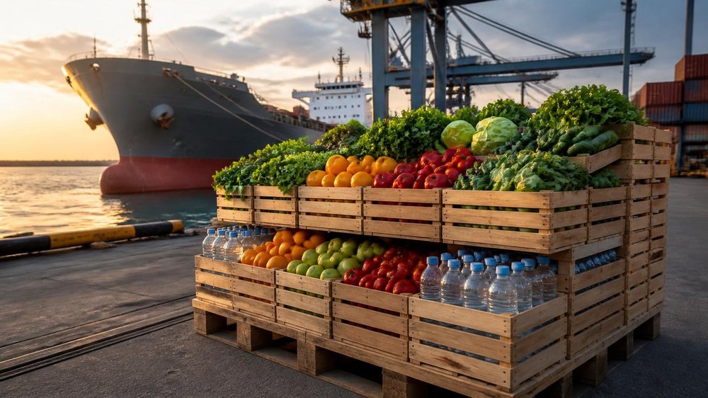 Crates of fresh produce and bottled water on a pallet beside a ship