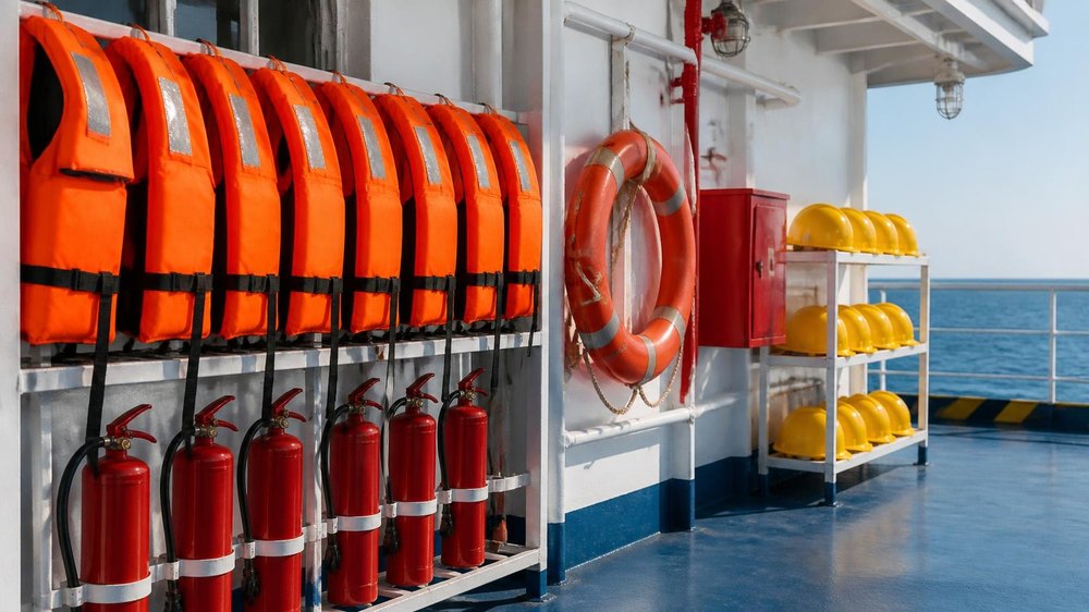 Life jackets, fire extinguishers, lifebuoy and safety helmets on a ship deck