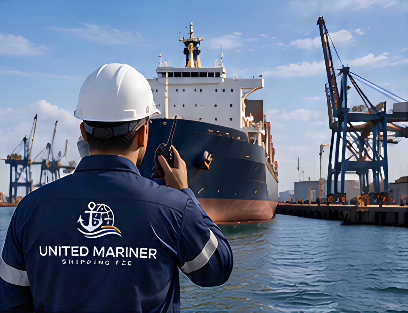 United Mariner team member with radio at the port
