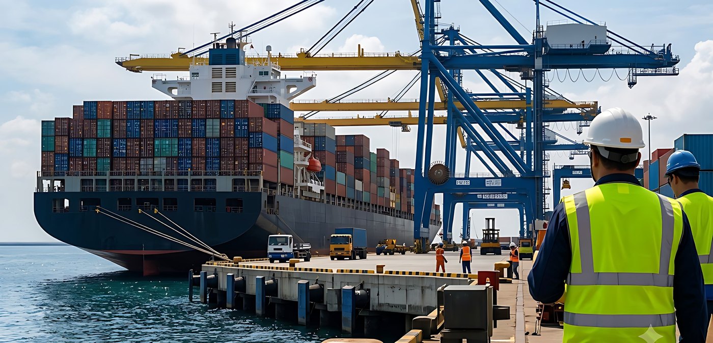 Port agent at the quayside beside a berthed vessel