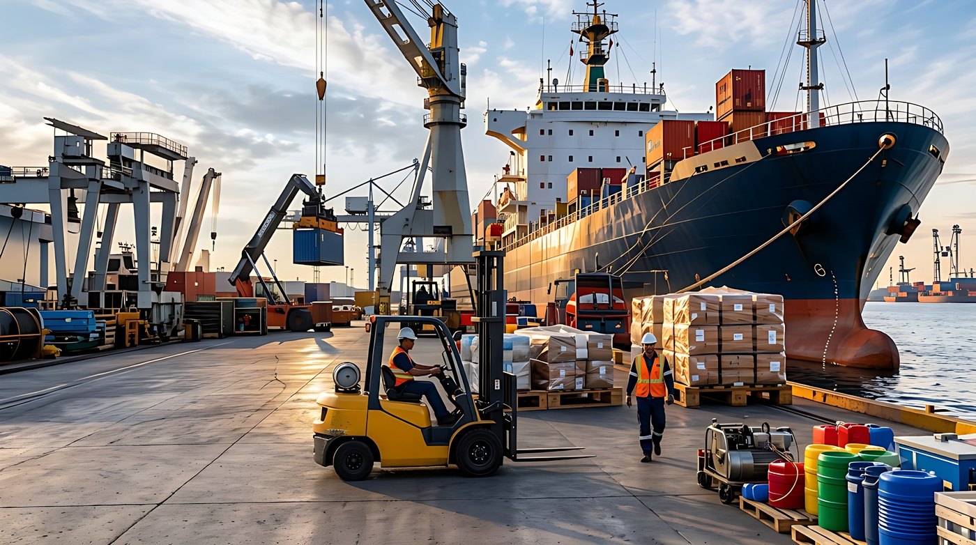 Forklift moving vessel supplies at the quayside