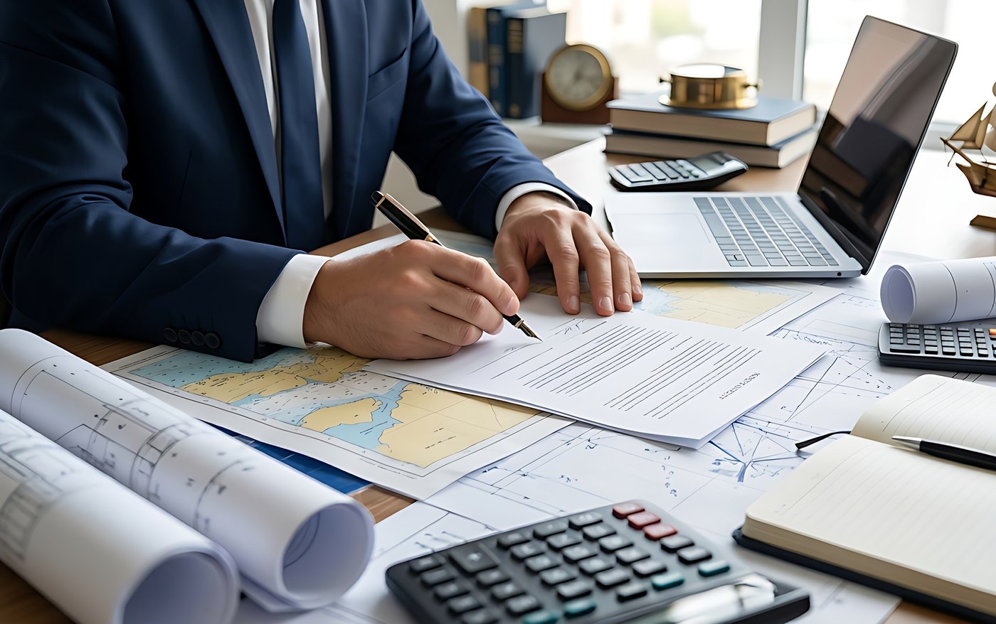 Consultant reviewing maritime charts and documents