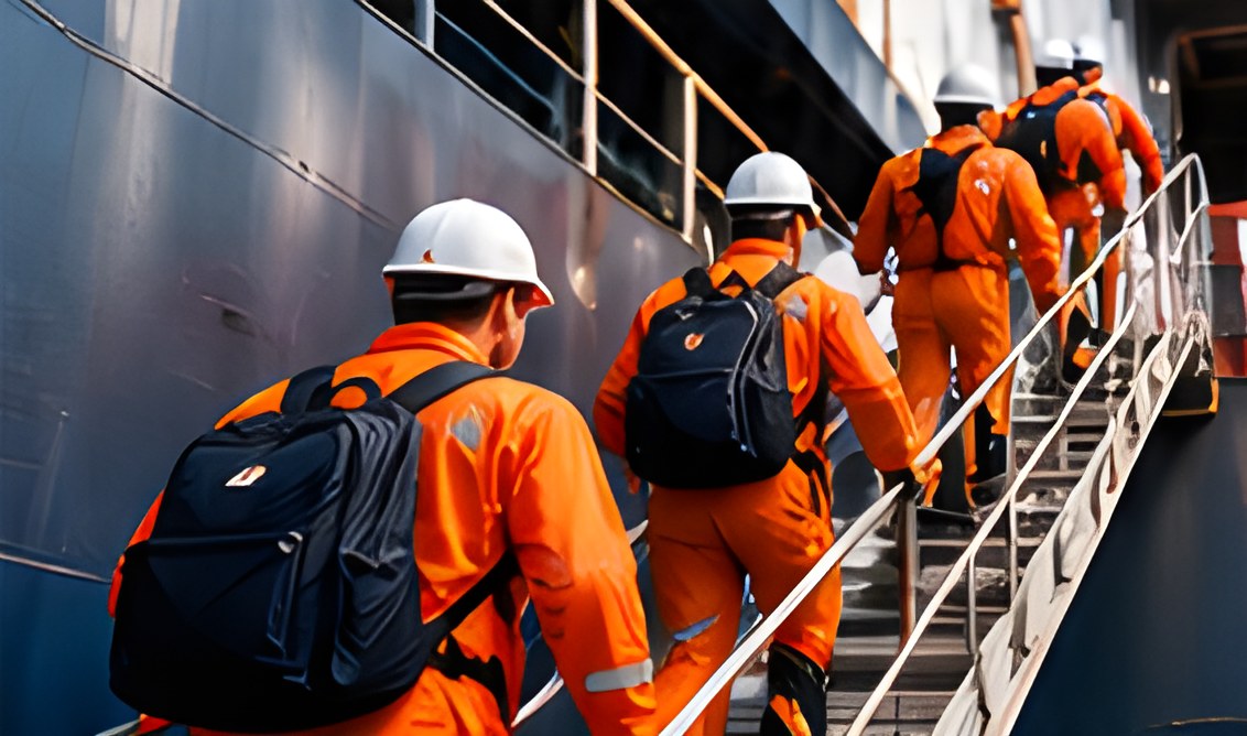 Crew members boarding a vessel by gangway