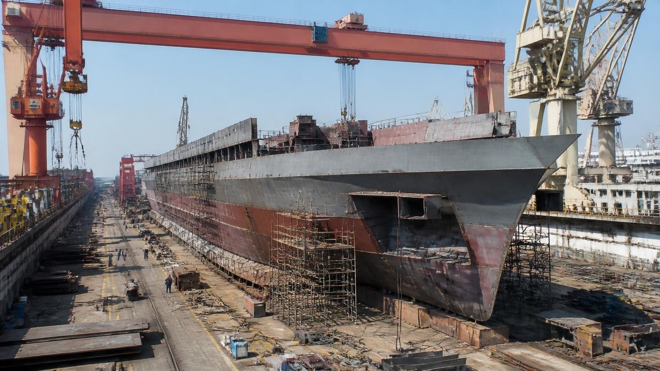 New vessel under construction in a shipyard dry dock