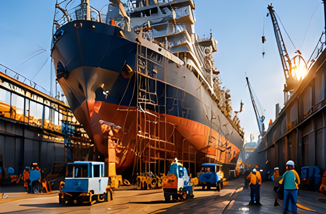 Ship in dry dock with workers carrying out maintenance