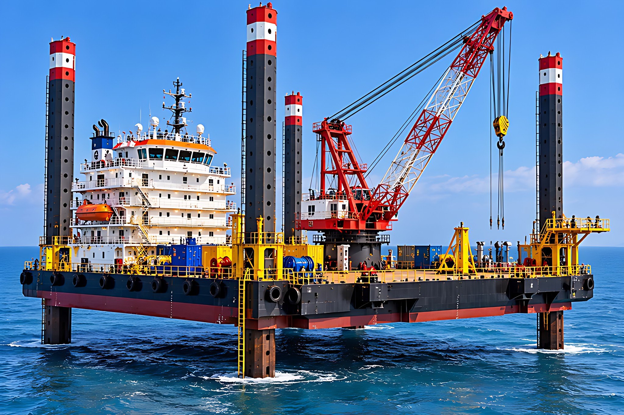 Jack-up barge with crane operating offshore