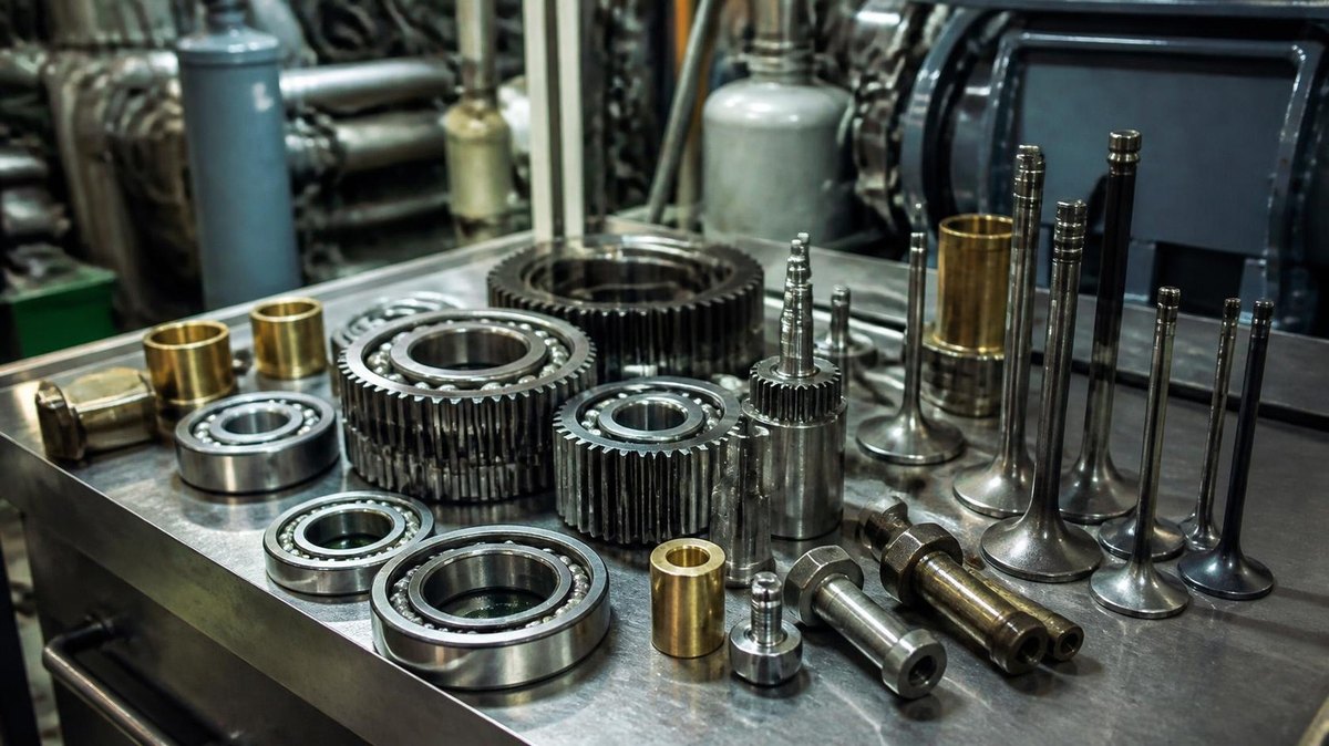 Marine engine spare parts on a workbench