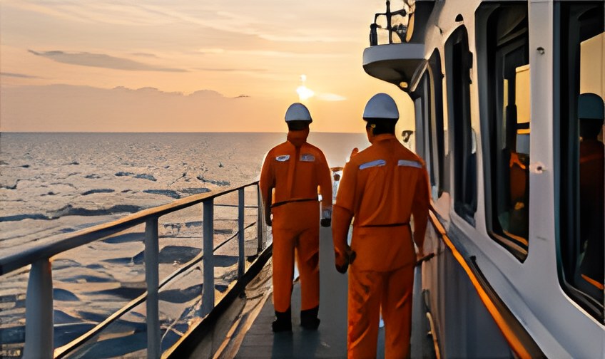 Crew members on deck at sunset
