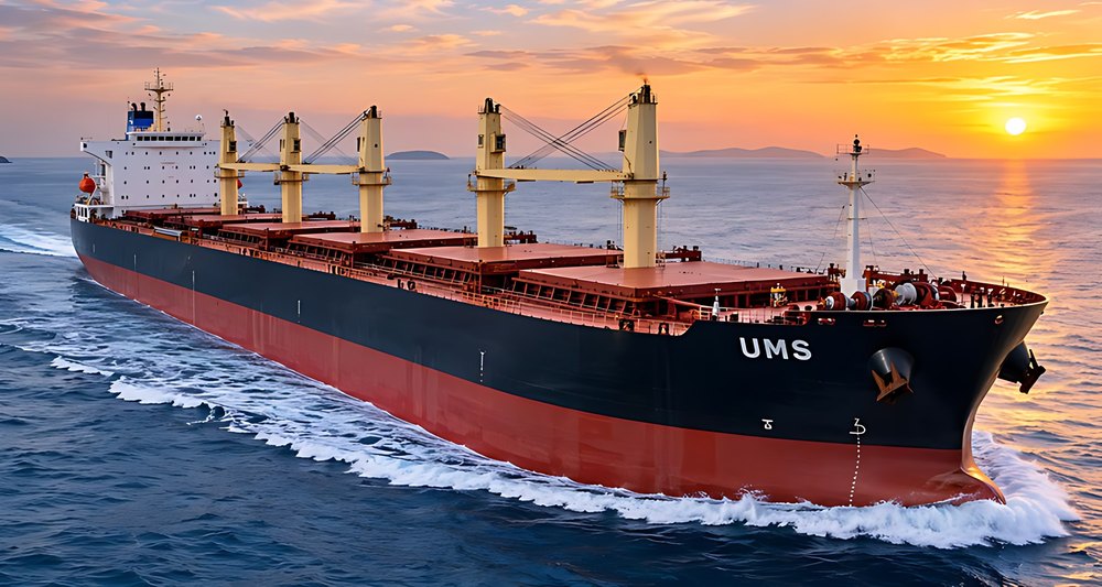 Bulk carrier under way at sunset