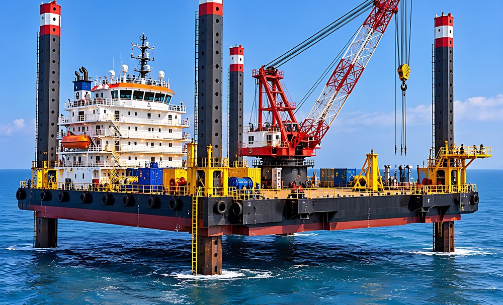 Jack-up barge with crane on its legs at sea
