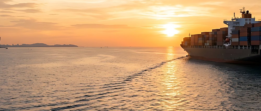 Container ship and port at sunset