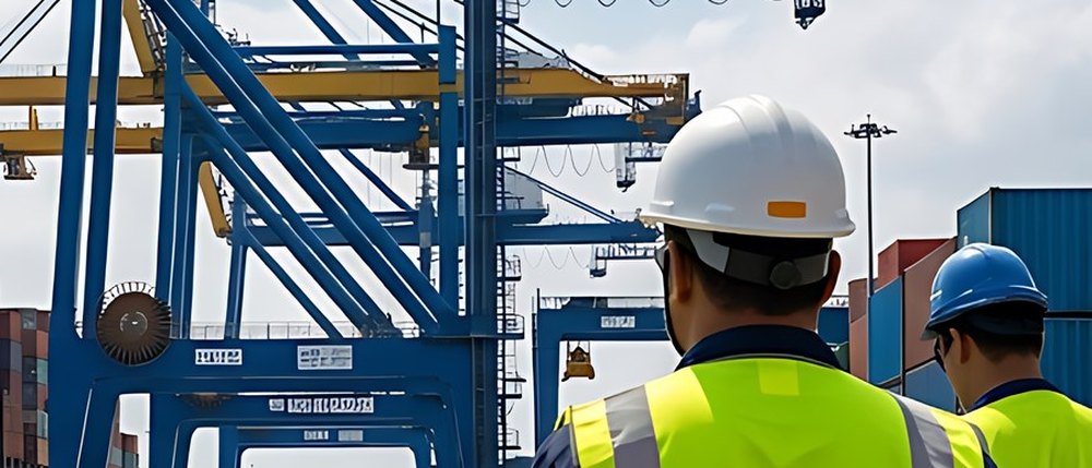 Port team in safety vests at the quayside