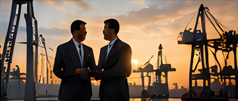 Business partners shaking hands at the port