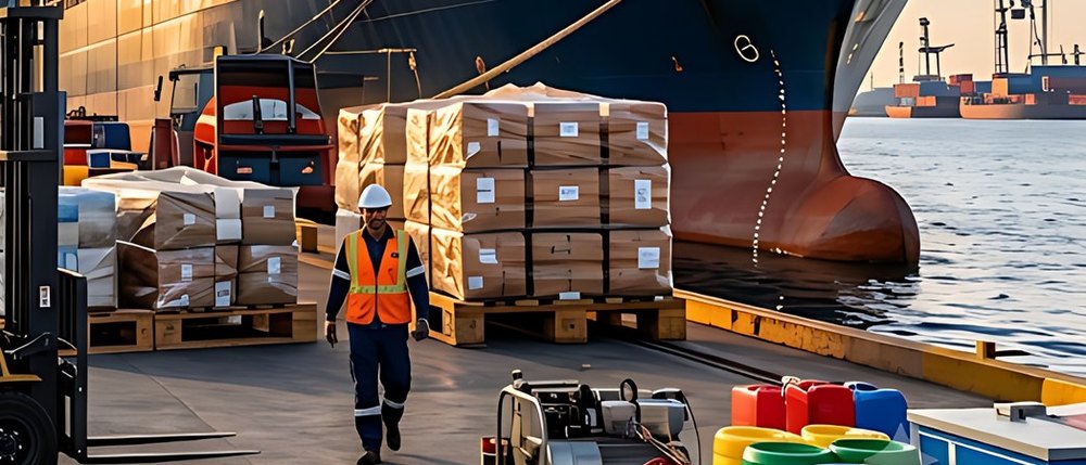 Vessel supplies on pallets at the quay